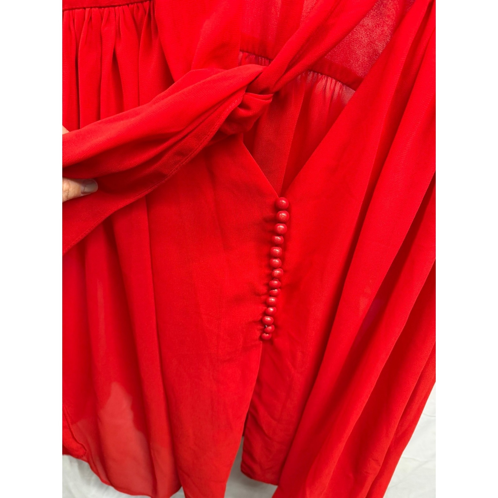 Innovare Denim New Women's Red Sheer Button Down Tie Neck Puff Sleeve Blouse S — image 6 of 8
